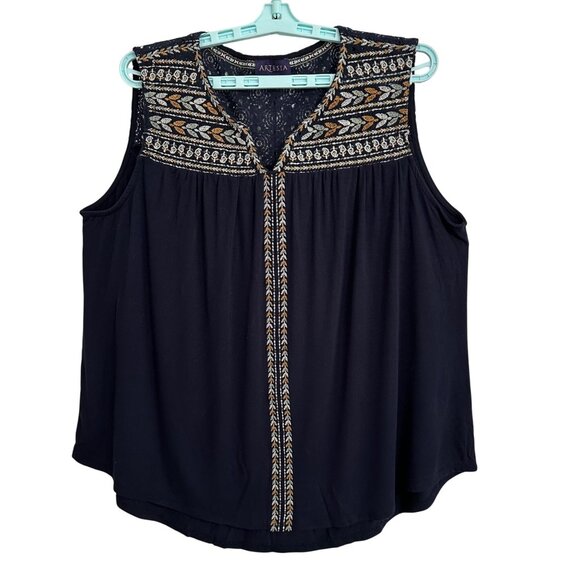 Artesia Navy Blue Embroidered Sleeveless Top XXL Womens Boho Lace Yoke Hippie - Picture 1 of 7